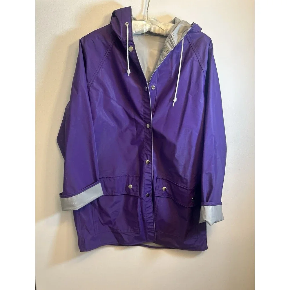 The Slicker Purple Reversible Hooded Raincoat Waterproof Vinyl Womens M Coat EUC - Picture 5 of 13